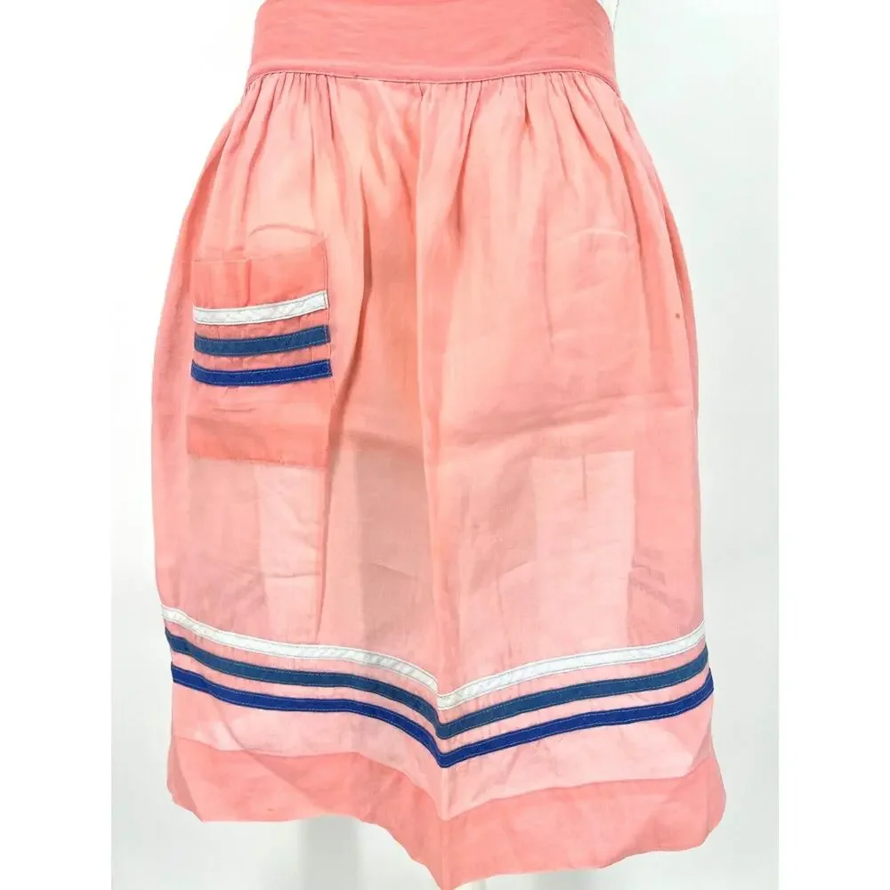 Vintage Kitchen Apron Handmade Coral with Blue Ribbon Trim